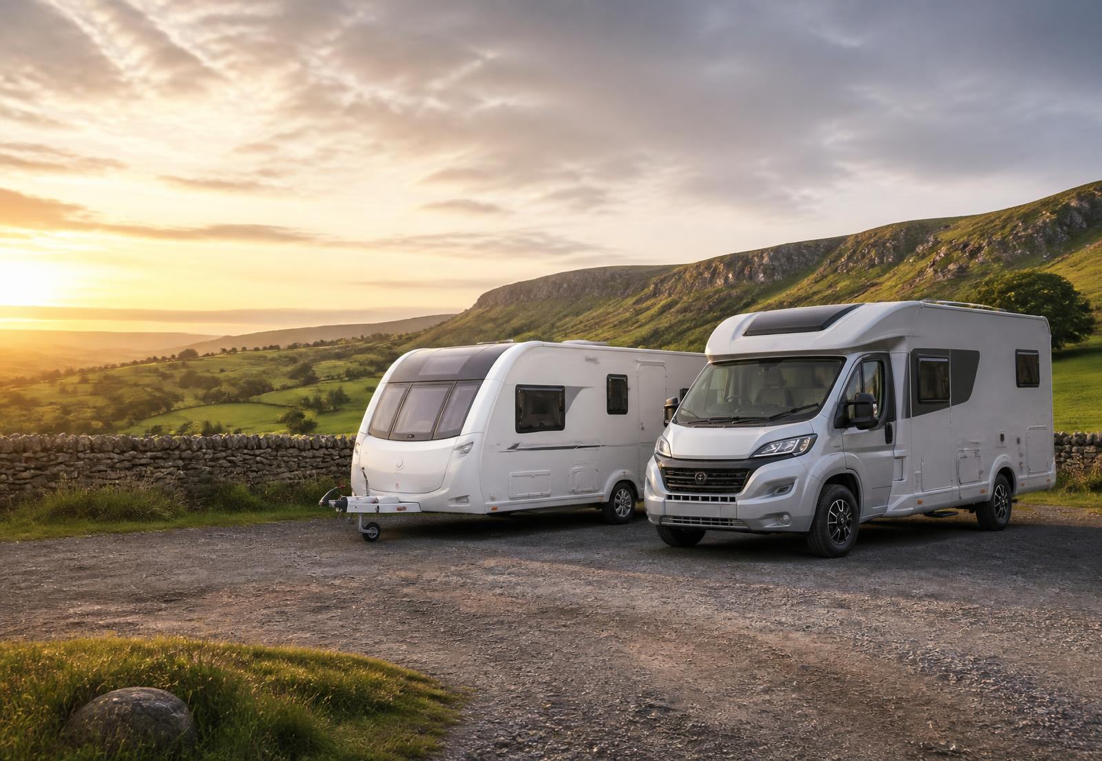 A touring caravan and a coachbuilt motorhome parked together in the British countryside